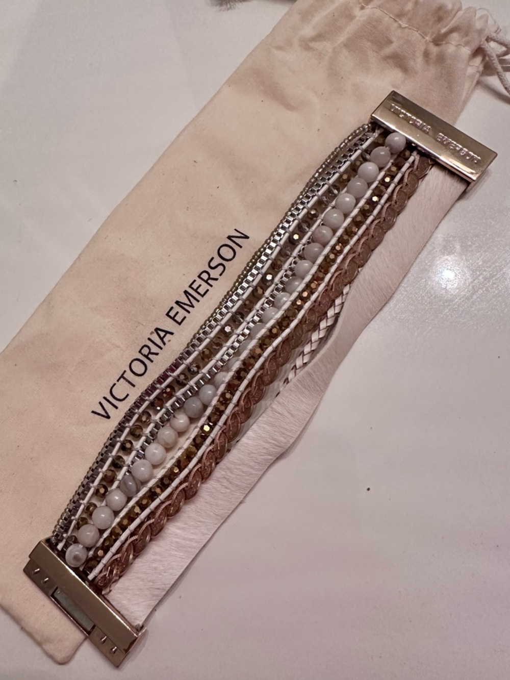 Victoria Emerson Neutral Multi-Strand Beaded & Braided Bracelet